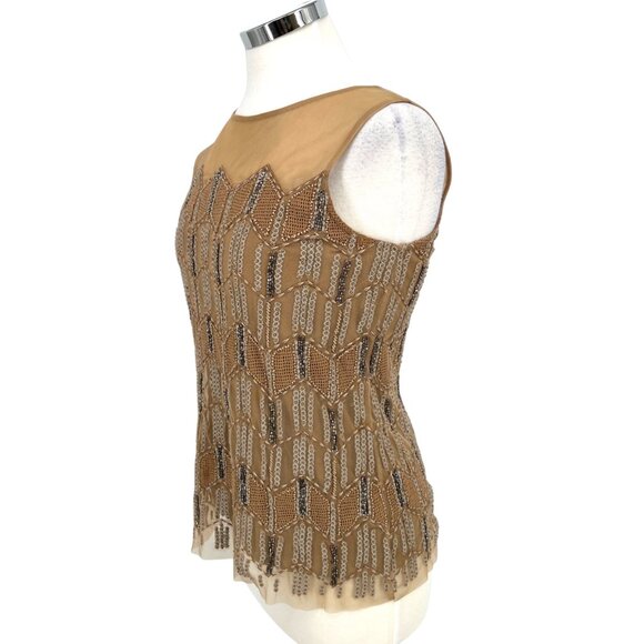 Sundance Beaded Moondusk Top Sleeveless Mesh Beige Tan Size Medium Petite - Picture 7 of 12
